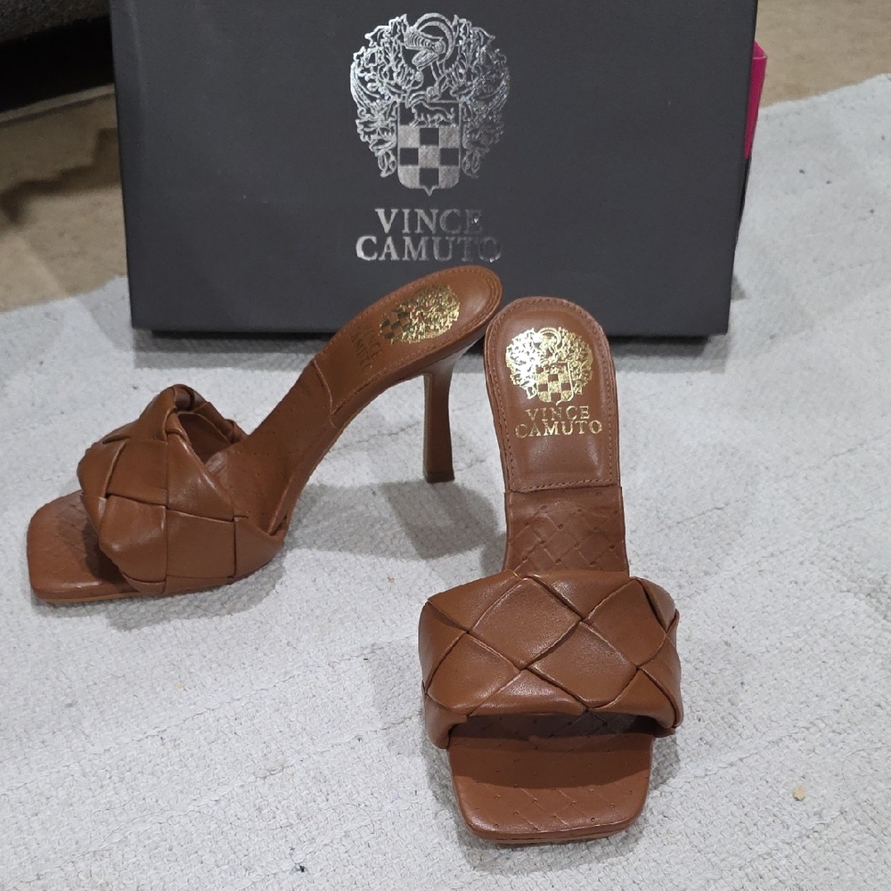 Vince Camuto Tan Woven Leather High-Heel Slide